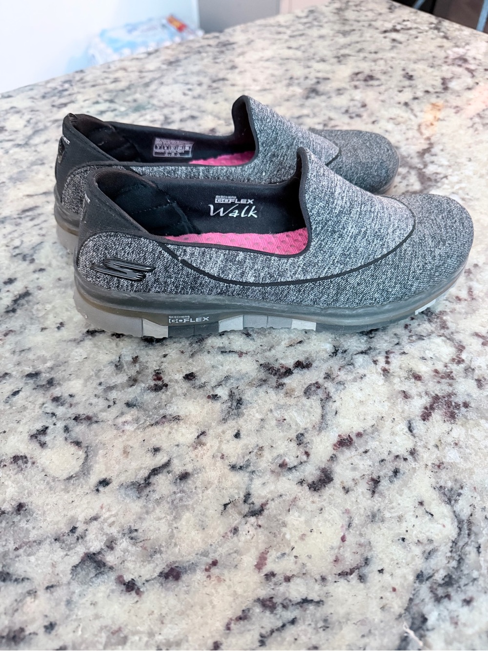 Skechers Gray Knit Slip-On Walking Mules with Pink Insole